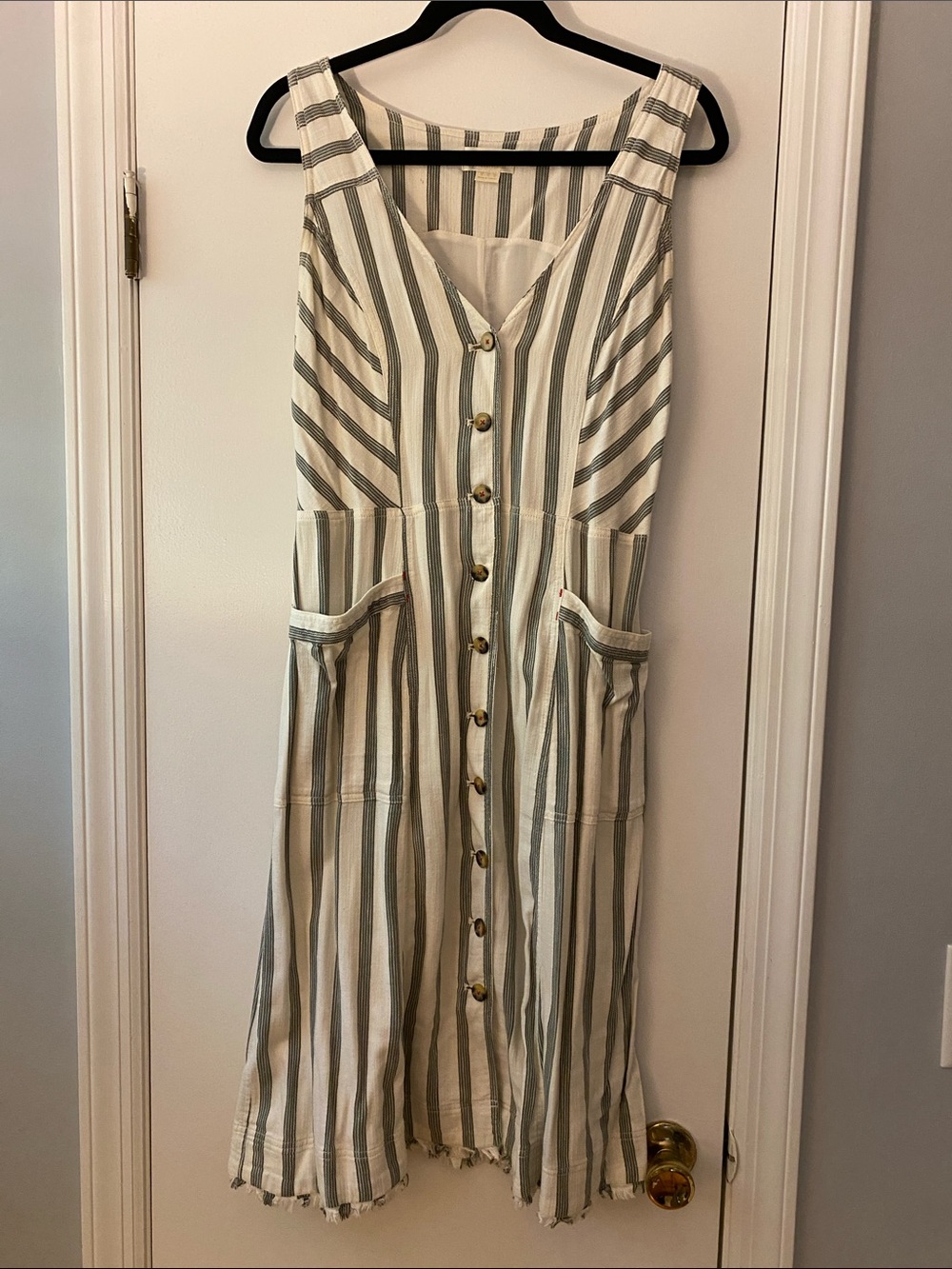 Maeve Cream and Olive Striped Button-Front Midi Dress